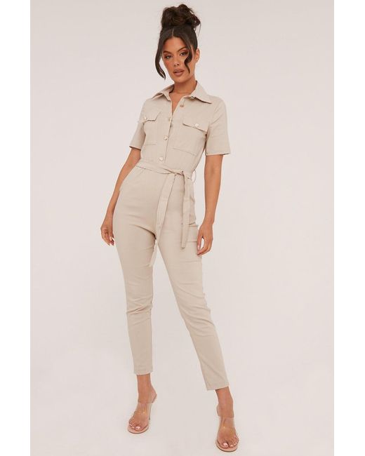 Rebellious Fashion Natural Button Up Front Utility Jumpsuit