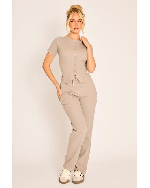 Rebellious Fashion Natural Button Front Short Sleeve Top And Jogger Co-Ord