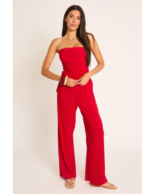 Rebellious Fashion Red Bandeau Asymmetric Top And Wide Leg Trouser Co-Ord Set