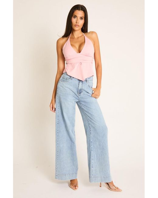 Rebellious Fashion Pink Plunge Halterneck Top