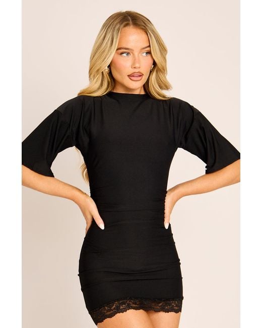 Rebellious Fashion Black Lace Trim T-Shirt Dress