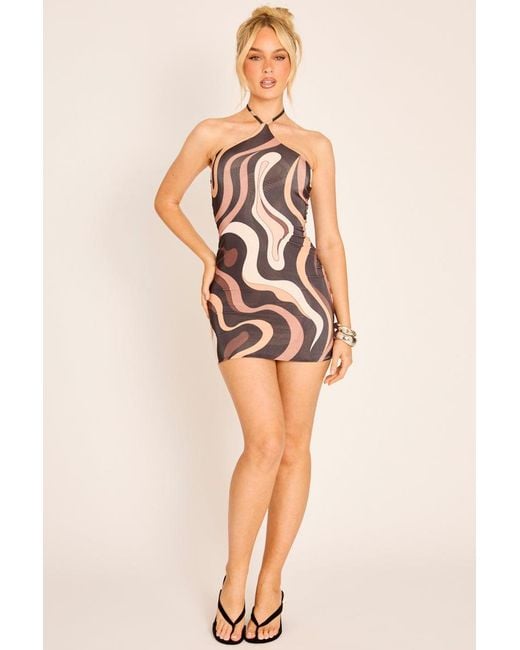 Rebellious Fashion Pink Abstract Print Halter Mini Dress