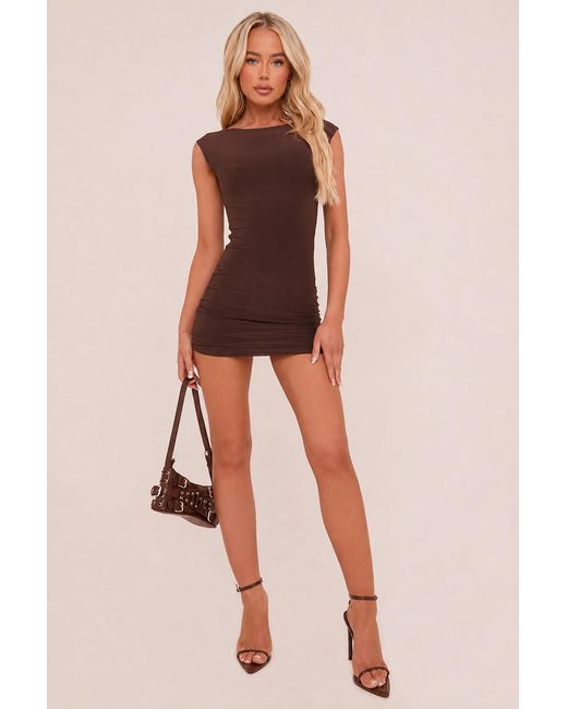 Rebellious Fashion Brown Boat Neck Backless Bodycon Mini Dress