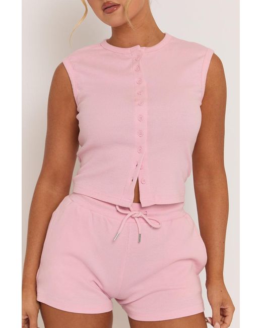 Rebellious Fashion Red Sleeveless Button Front Rib Top And Short Loungewear Co-Ord Set