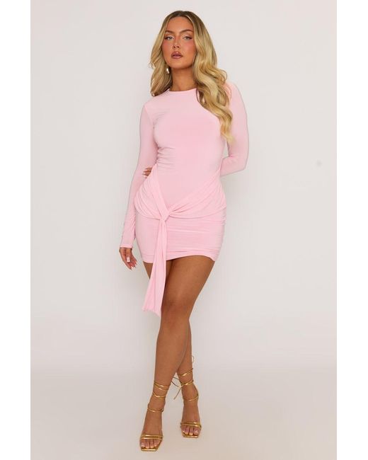 Rebellious Fashion Pink Knot Front Long Sleeve Mini Dress