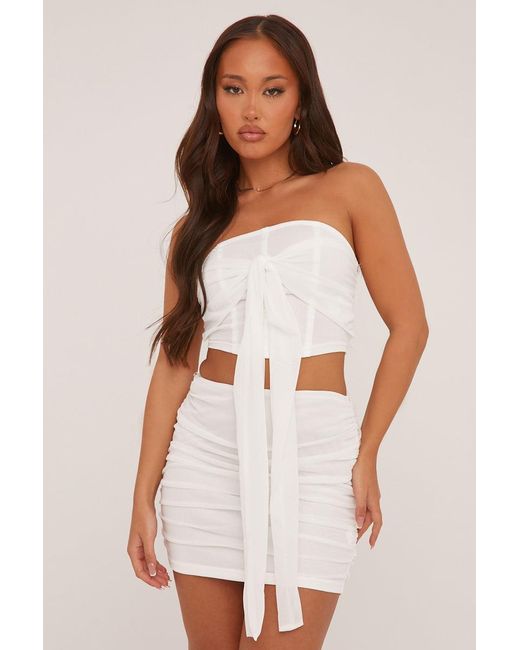 Rebellious Fashion White Mesh Corset Detail Cropped Top & Ruched Mini Skirt Co-Ord Set