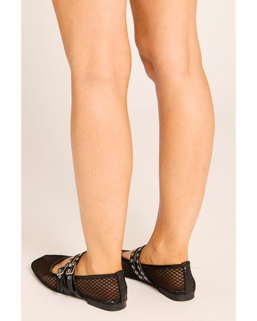 Rebellious Fashion Black Mesh Buckled Ballet Flats
