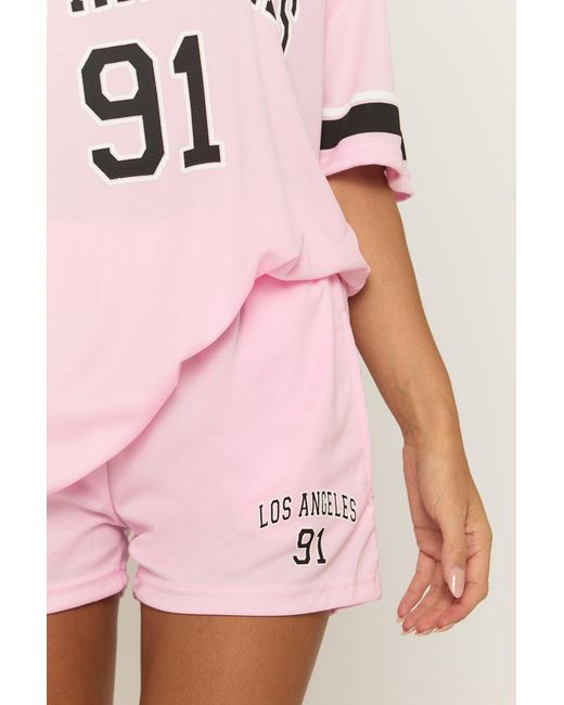 Rebellious Fashion Pink Oversized Varsity Football T-Shirt And Shorts Set