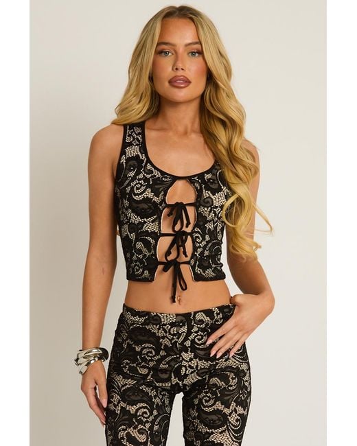 Rebellious Fashion Black Lace Tie Front Top And Capri Pants Co-Ord Set