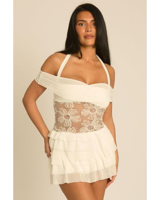 Rebellious Fashion Natural Floral Embroidered Ruffle Mini Dress