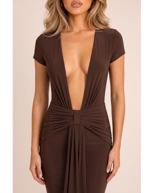 Rebellious Fashion Natural Plunge Drape Short Sleeve Maxi Dress