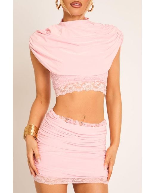 Rebellious Fashion Pink Lace Trim Cape Top And Mini Skirt Co-Ord Set