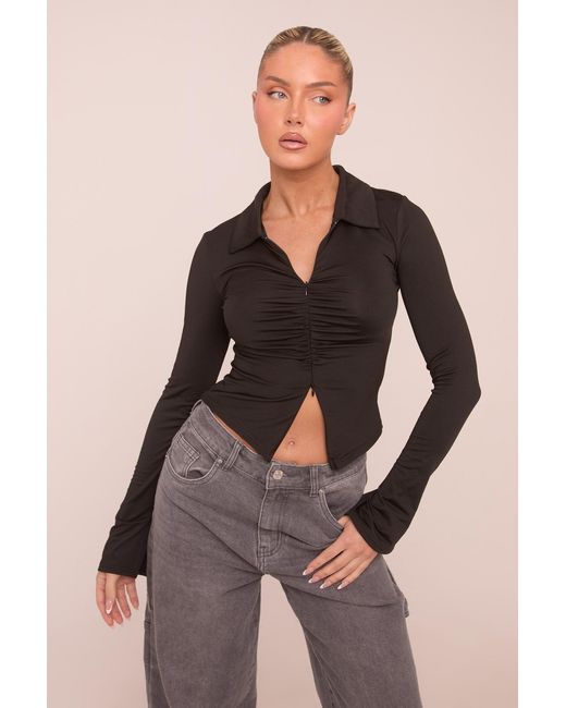 Rebellious Fashion Black Zip Front Long Sleeves Ruched Top