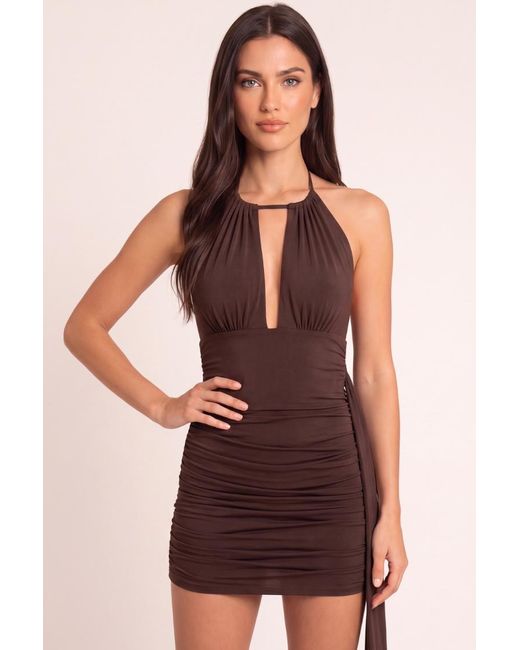 Rebellious Fashion Brown Keyhole Drape Halter Mini Dress