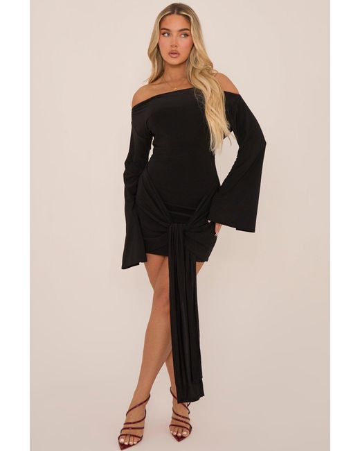 Rebellious Fashion Black Long Flared Sleeves Drape Detail Bodycon Mini Dress
