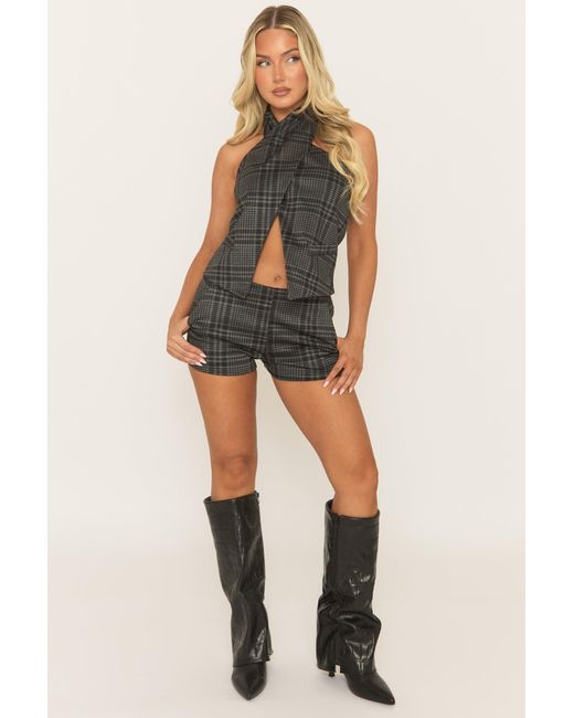Rebellious Fashion Blue Check Twist Neck Top And Short Co-Ord
