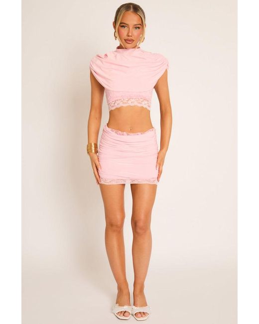 Rebellious Fashion Pink Lace Trim Cape Top And Mini Skirt Co-Ord Set
