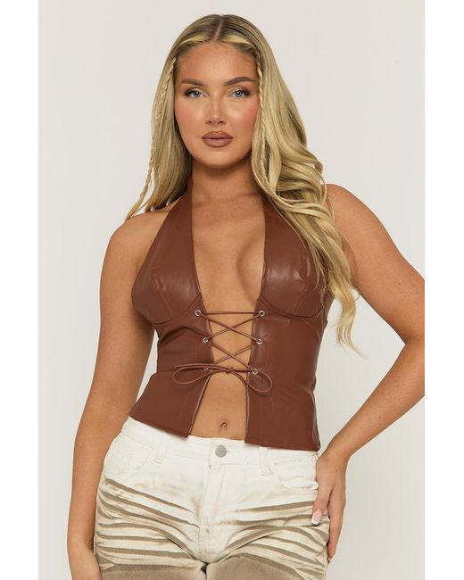 Rebellious Fashion Brown Tan Faux Leather Lace Front Halter Top