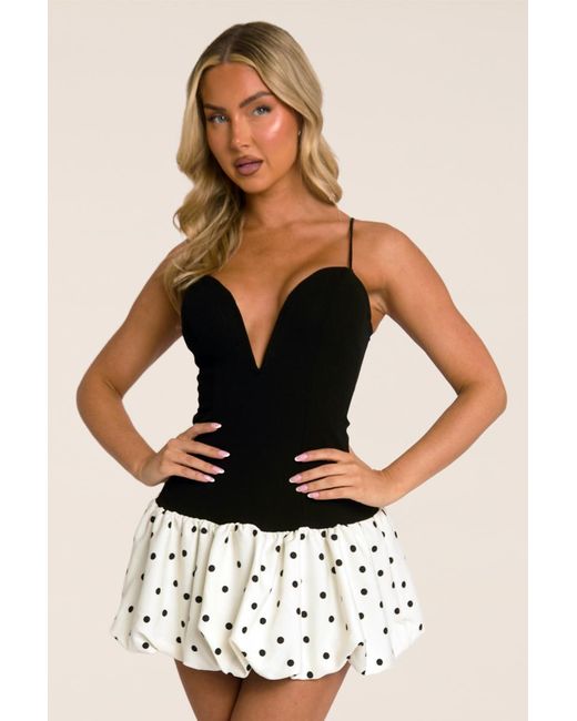 Rebellious Fashion Natural Plunge Polka Dot Puffball Mini Dress