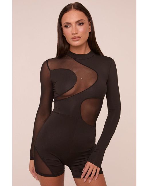 Rebellious Fashion Brown Mesh Panel High Neck Long Sleeves Playsuit