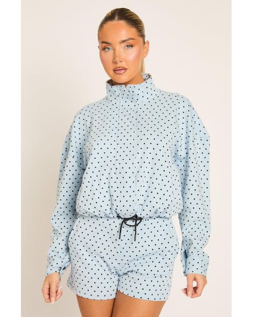 Rebellious Fashion Blue High Neck Zip Up Jacket And Shorts Co-Ord Set