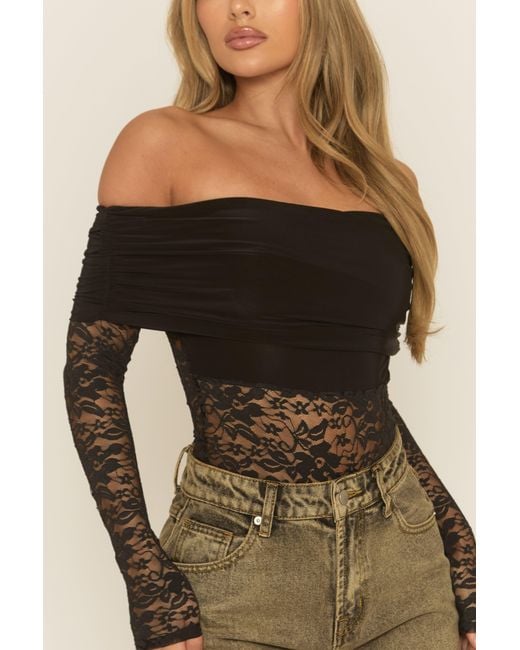 Rebellious Fashion Black Lace Bardot Bodysuit