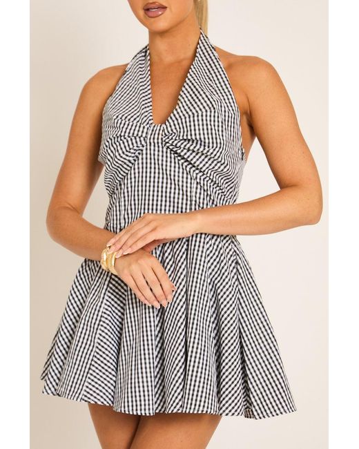 Rebellious Fashion Gray Gingham Pleated Skater Mini Dress