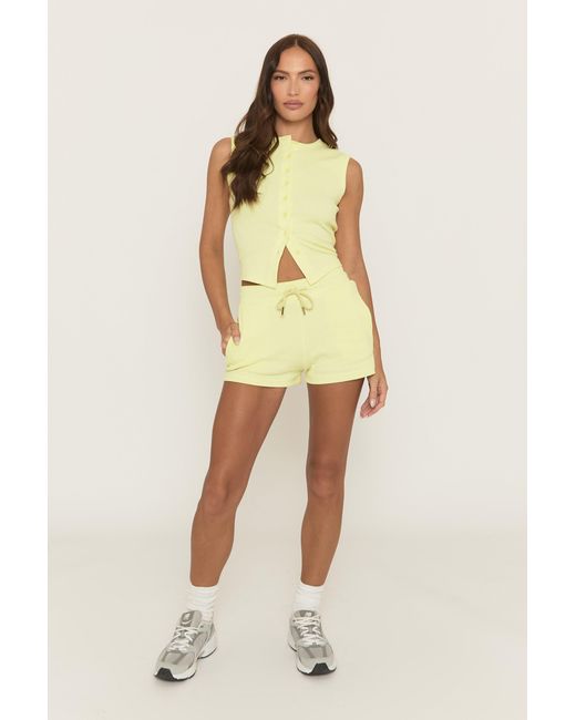 Rebellious Fashion Yellow Sleeveless Button Front Rib Top And Short Loungewear Co-Ord Set