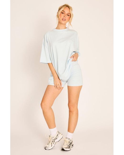 Rebellious Fashion Blue Light Rebellious Logo Oversized T-Shirt And Cycling Shorts Co-Ord