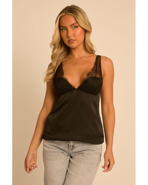 Rebellious Fashion Black Satin Lace Strap Cami Top