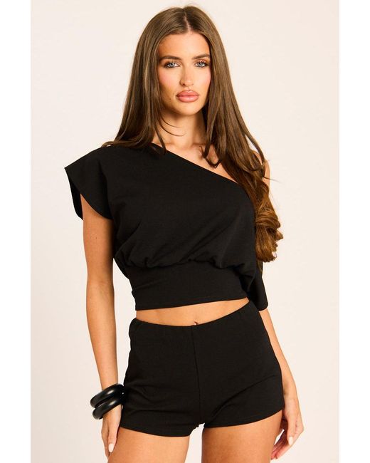 Rebellious Fashion Black Off Shoulder Top And Shorts Co-Ord Set