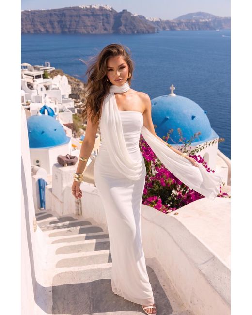 Rebellious Fashion Natural Mesh Scarf Detail Bandeau Maxi Dress
