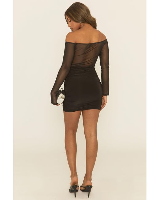 Rebellious Fashion Black Mesh Gathered Bust Bardot Mini Dress