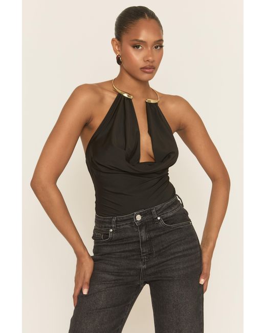 Rebellious Fashion Black Trim Cowl Neck Bodysuit