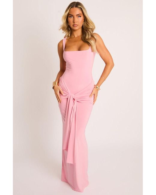Rebellious Fashion Pink Square Neck Tie Front Maxi Dress