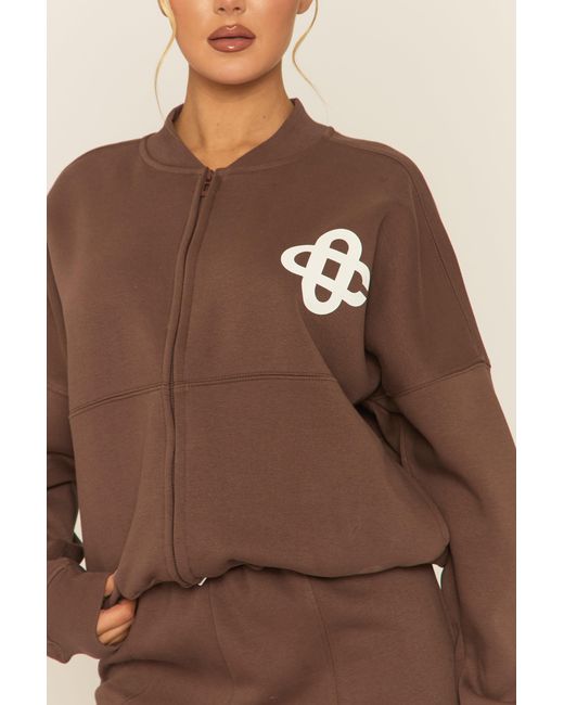Rebellious Fashion Natural Contrast Motif Zip Front Bomber And Joggers Loungewear Co-Ord Set