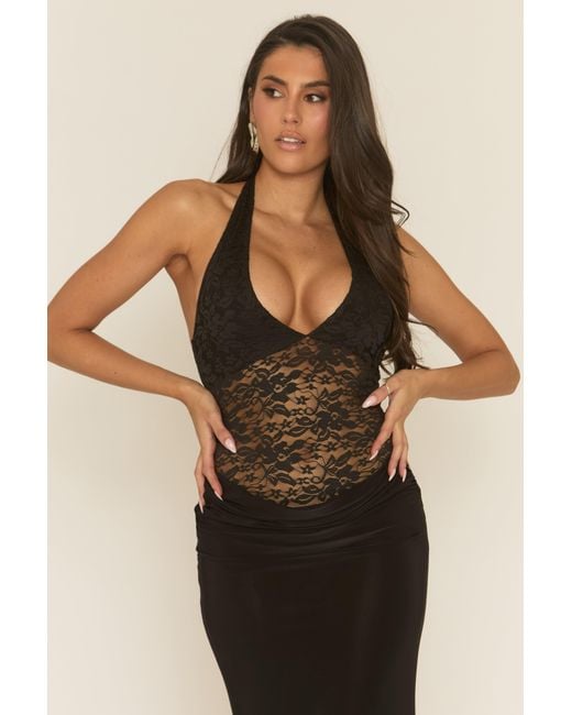 Rebellious Fashion Purple Lace Plunge Halterneck Maxi Dress
