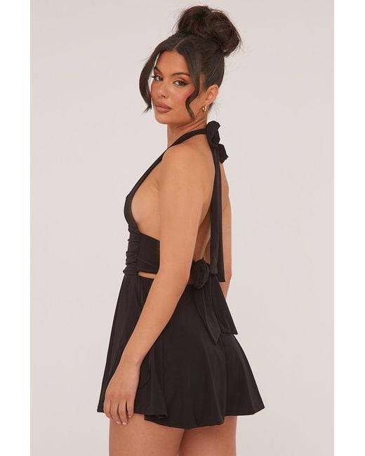 Rebellious Fashion Black Halter Plunge Neck Mini Dress