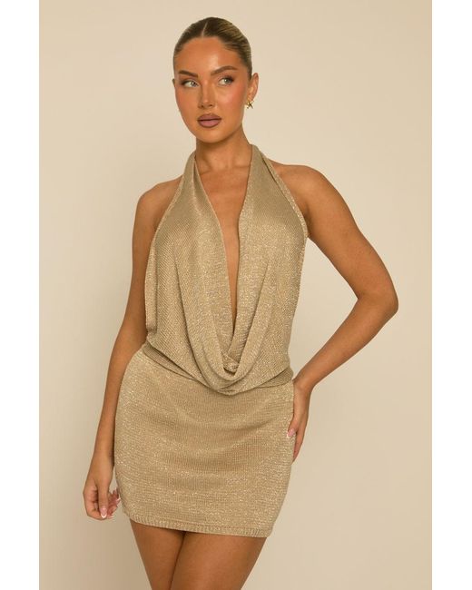 Rebellious Fashion Brown Glitter Crochet Cowl Mini Dress