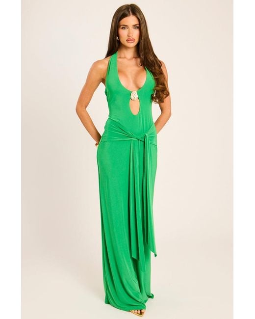 Rebellious Fashion Green Trim Detail Tie Front Maxi Dress