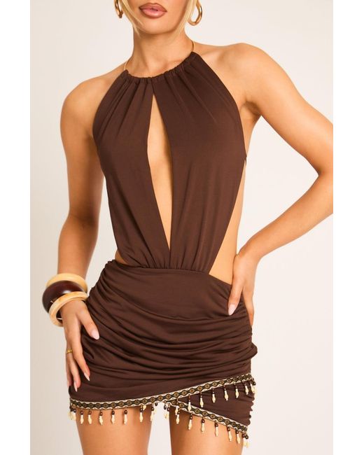Rebellious Fashion Brown Bead Trim Mini Dress
