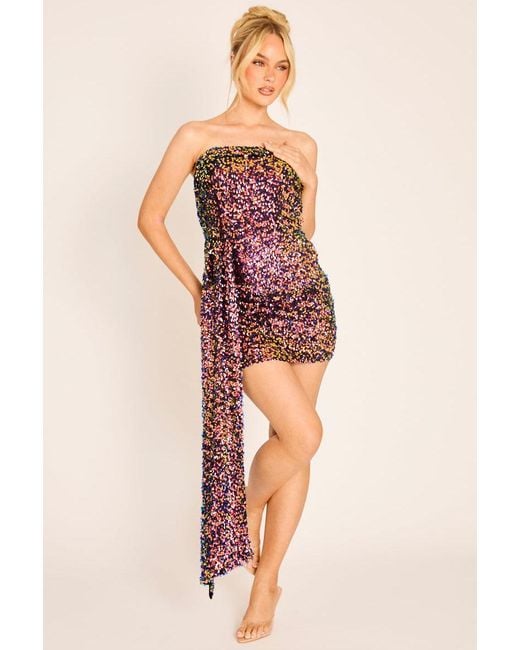 Rebellious Fashion Pink Multi Sequin Bandeau Drape Mini Dress