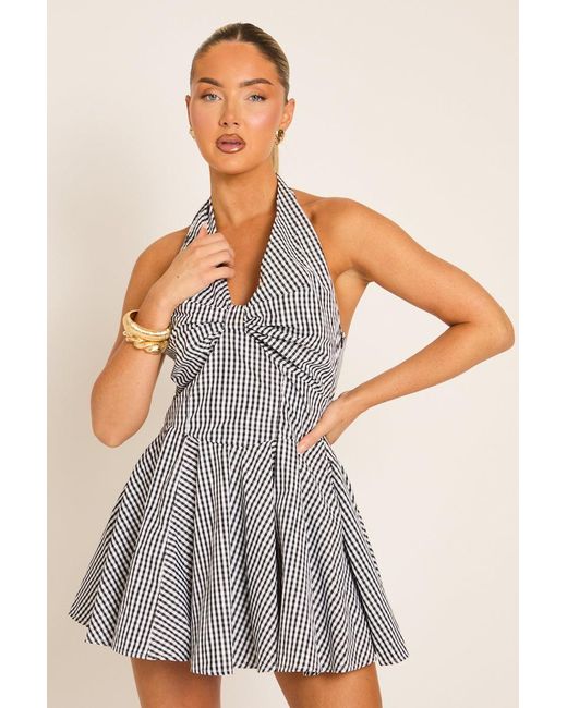 Rebellious Fashion Gray Gingham Pleated Skater Mini Dress