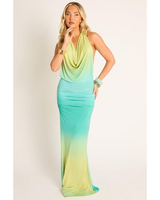 Rebellious Fashion Blue Ombre Printed Cowl Maxi Dress
