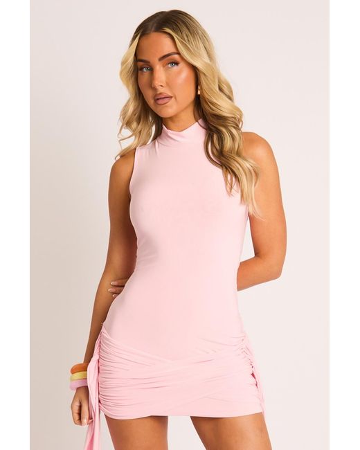 Rebellious Fashion Pink High Neck Wrap Detail Mini Dress