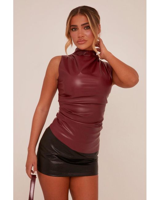 Rebellious Fashion Red Ruched Faux Leather Top
