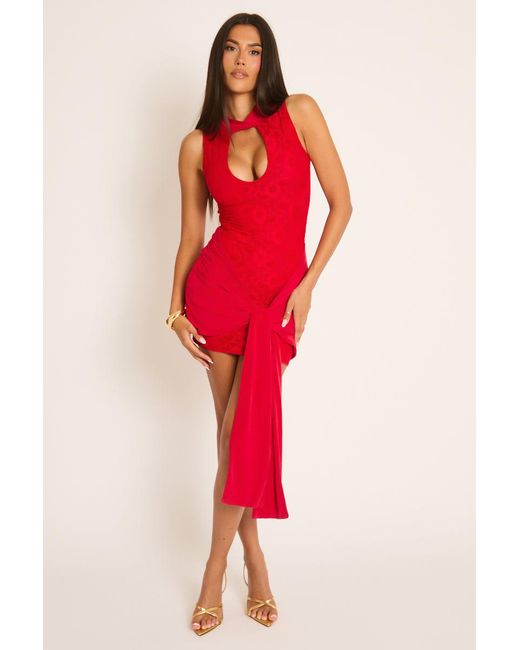 Rebellious Fashion Red Lace Keyhole Drape Mini Dress