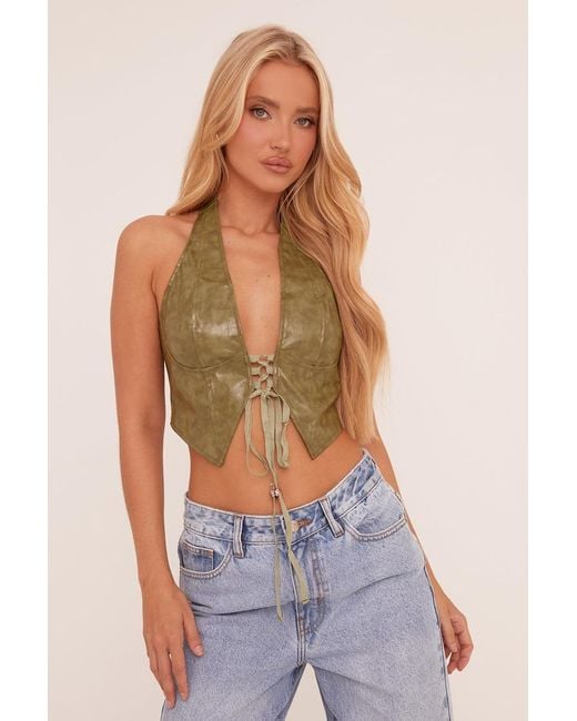 Rebellious Fashion Green Faux Leather Tie Up Front Cropped Top