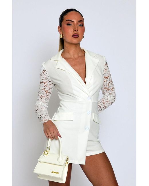 Rebellious Fashion Natural Lace Sleeve Tailored Blazer Playsuit