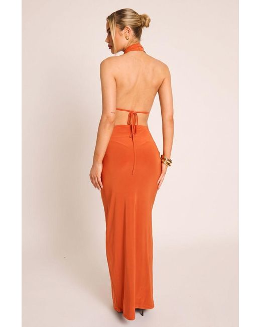 Rebellious Fashion Orange Cowl Plunge Halter Top And Maxi Skirt Co-Ord Set
